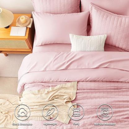 CozyLux King Size Comforter Set Pink Seersucker 7 Pieces Bed in a Bag King Comforter Set with Sheets, Luxury Bedding Sets with Down Alternative Comforter, Sheets, Pillowcases & Shams All Seasons