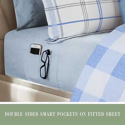 Elegant Comfort 8-Piece Lodge Plaid Reversible Comforter Set - All Season Bed in a Bag, 4-Piece Sheet Set Featuring Smart Pockets, Matching Shams and Decorative Pillow, King/California King, Aqua