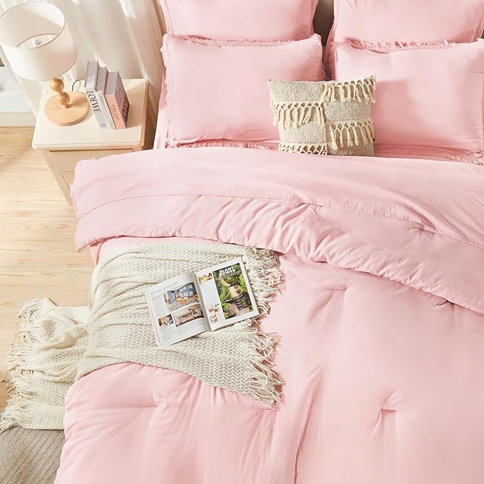 Andency California King Size Comforter Set with Sheets Light Pink - 7 Pieces Cal King Bed in a Bag Boho Bedding Sets, Bed Set with Comforter, Sheets, Pillowcases & Shams
