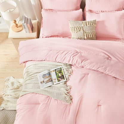 Andency King Size Comforter Set with Sheets Light Pink - 7 Pieces Bed in a Bag Boho Soft Lightweight Bedding Sets, Tassel Bed Set with Comforter, Sheets, Pillowcases & Shams