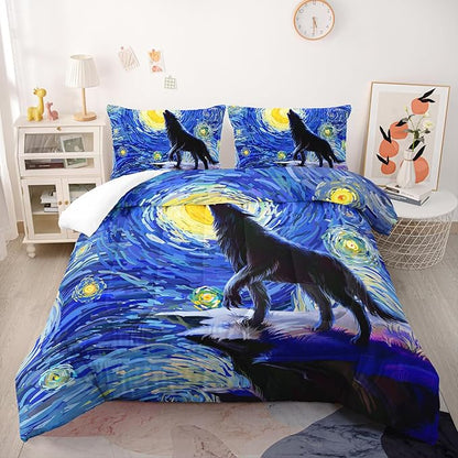 Moon Wolf Comforter Set - Twin Size Van Gogh Theme Wolf Print Microfiber Comforter & Pillowcases