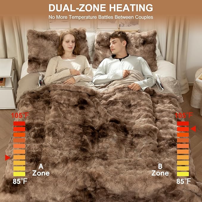Faux Fur Heated Blanket King Size 100"X90" - Bubble Faux Fur Electric Blanket Fluffy Soft Thick with 6 Heating Levels & 10 hrs Timer Settings, Washable & ETL Certified for Bed, Tie-Dye Brown