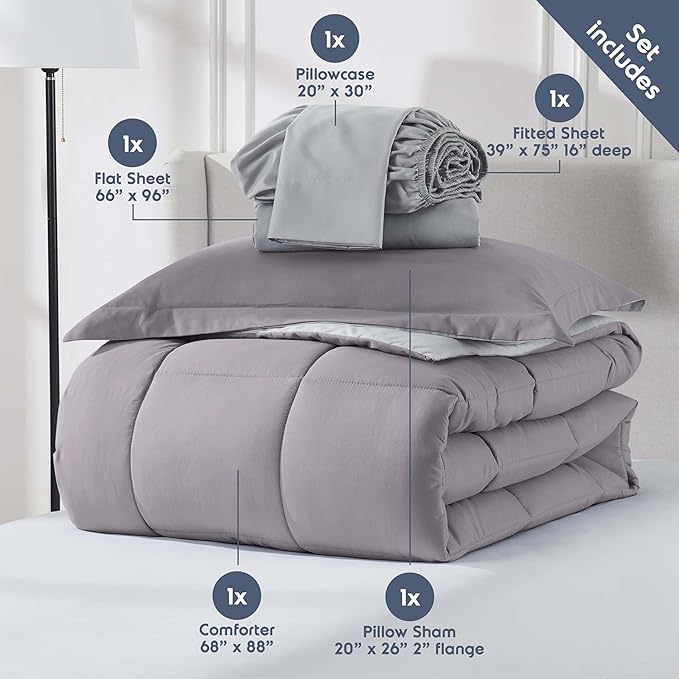 Nestl 5 Piece Twin Comforter Set – Grey Lavender Reversible Bed in a Bag – Complete Twin Size Bedding Set with Sheets, Pillowcase and Sham
