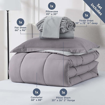 Nestl 5 Piece Twin Comforter Set – Grey Lavender Reversible Bed in a Bag – Complete Twin Size Bedding Set with Sheets, Pillowcase and Sham