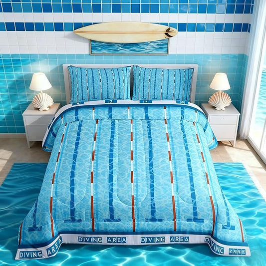 Swimming Kids Comforter Set Full Size,Swim Sports Games Modern Fashion Bedding Set,Boys Girls Adults Room Decor,Swimming Pool Chic Down Comforter,Blue Unique Duvet Insert,2 Pillowcases