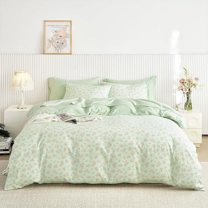 Wake In Cloud - Floral Comforter Set with Sheets, Coquette Cottagecore Aesthetic Flower Shabby Chic Pattern for Women Teen Girls, 7 Pieces Bed in a Bag, Green Pink, Queen Size