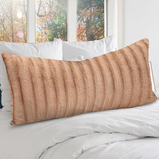 Cheer Collection Faux Fur Long Body Pillow - Accent Throw Pillow for Bed and Couch - Decorative Lumbar Pillow with Insert, Sand (18" x 40")