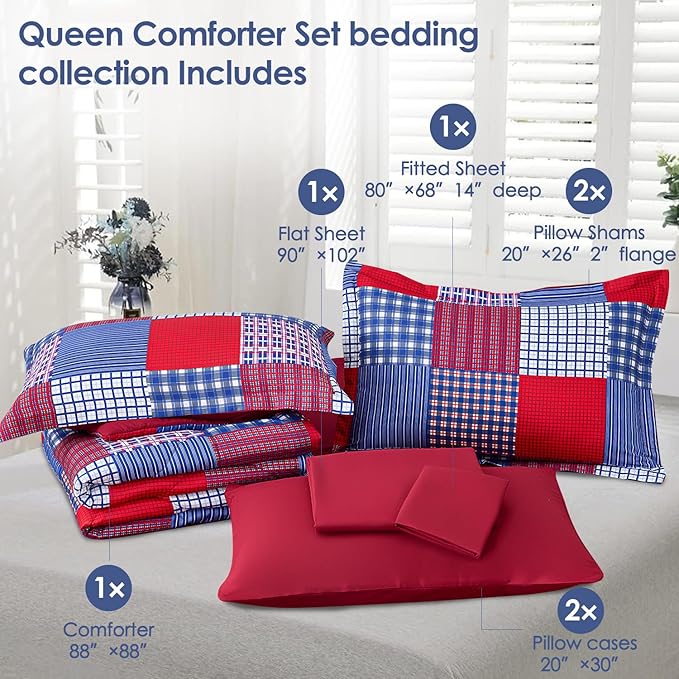 Comforter Set Queen Size Plaid Patchwork Comforter Bedding-7 Piece Bed in a Bag,Soft Reversible Microfiber Bedding Set(1 Comforter,1 Flat Sheet,1 Fitted Sheet,2 Pillowcases,2 Pillow Shams)Red Blue