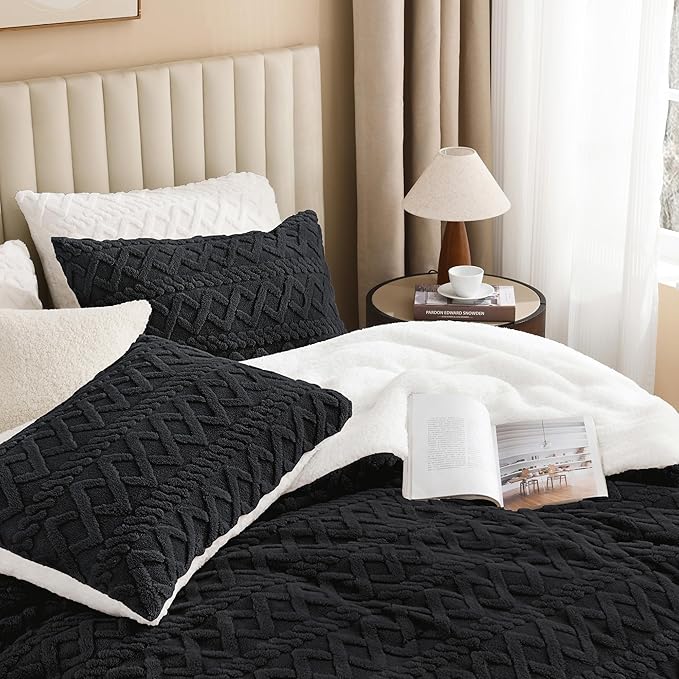 Andency Fluffy Comforter Set Full Size, Black Sherpa Fleece Super Soft Warm Bedding for Winter, Luxury Boho Jacquard Thick Fuzzy Plush Bed Set 3 Pieces(1 Shaggy Comforter, 2 Pillowcases)