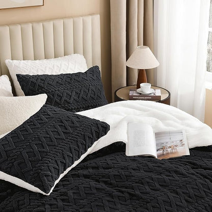 Andency Fluffy Comforter Set Full Size, Black Sherpa Fleece Super Soft Warm Bedding for Winter, Luxury Boho Jacquard Thick Fuzzy Plush Bed Set 3 Pieces(1 Shaggy Comforter, 2 Pillowcases)