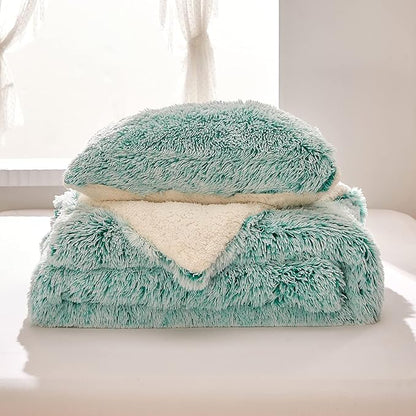 Luxury Faux Fur Shaggy Comforter Set Twin Size, Plush & Sherpa Reversible Comforter Teal with White, 3 Pieces Fluffy Fuzzy Bedding Set Ultra Soft and Warm for Winter (1 Comforter + 2 Pillowcases)