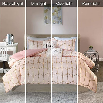 Intelligent Design Raina Comforter Microfiber Metallic Print Geometric Design Embroidered Toss Pillow Modern Trendy Casual All Season Bedding Set Matching Sham, Full/Queen, Blush/Gold 5 Piece