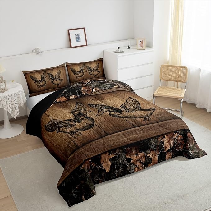 Erosebridal Rustic Farmhouse Bedding Comforter Sets Full Tree Branches Camo Cabin Bedding Set Hunting Animal Mallard Duck Comforter Set for Boys Men Woodland Camouflage Wildlife Quilt Set