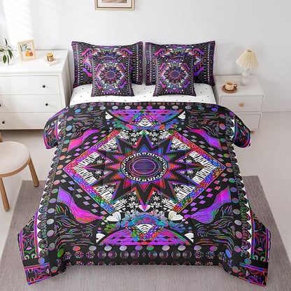 Feelyou Sun Moon Bed in a Bag with Comforter, Twin Size 7Pcs Boho Exotic Bedding Set with Comforter, Purple Bohemian Galaxy Comforter Women Men Teens Ultra Soft Decor Astrology Space Room Decor