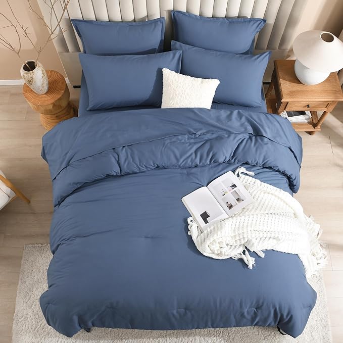 Litanika California King Comforter Set Ocean Blue - 7 Pieces Bed in a Bag Cal King Bedding Comforter Sets, Plain Lightweight Bed Set with Comforter, Sheets, Pillowcases & Shams