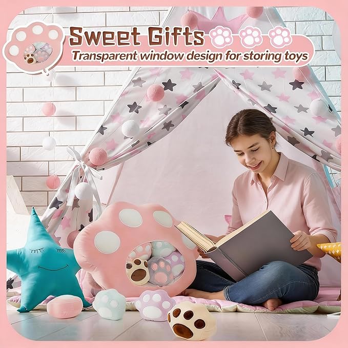 Lewtemi Cute Banana Pillow Kawaii Stuffed Animal Removable Emotional Plush Support Cat Dinosaur Gift for Home Room Positive Decor(Cat Paw)