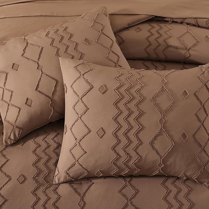 Full Size Comforter Set Brown, Tufted Geometric Boho Bedding Farmhouse Bed Set, All Season 7 Pieces Bed in a Bag with Sheets, Pillowcases & Shams