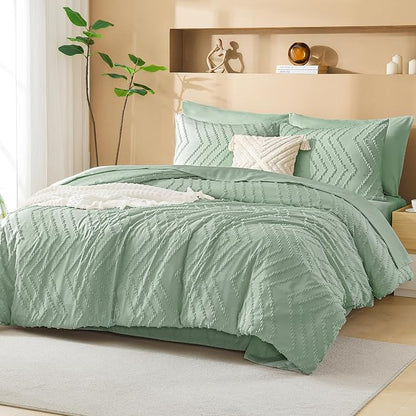 Litanika Full Size Comforter Set with Sheets Sage Green- 7 Pieces Bed in a Bag Full Boho Tufted Complete Bedding Sets with Comforter, Sheets, Pillowcases & Shams