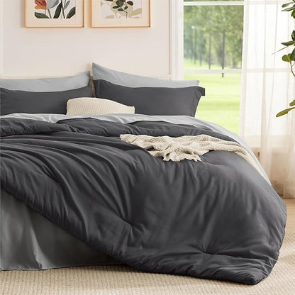 Bedsure Twin Comforter Set - 5 Pieces Dark Grey Twin Bedding Set for All Seasons, Boho Contrasting Design Bed in a Bag with Comforter, Sheets, Pillowcase & Sham
