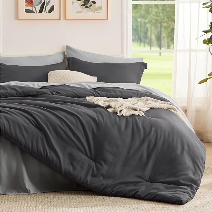 Bedsure Full Comforter Set - 7 Pieces Dark Grey Full Bedding Set for All Seasons, Boho Contrasting Design Bed in a Bag with Comforter, Sheets, Pillowcases & Shams