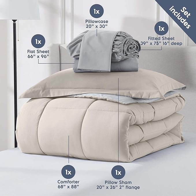 Nestl 5 Piece Twin Comforter Set – Beige Reversible Bed in a Bag – Complete Twin Size Bedding Set with Sheets, Pillowcase and Sham