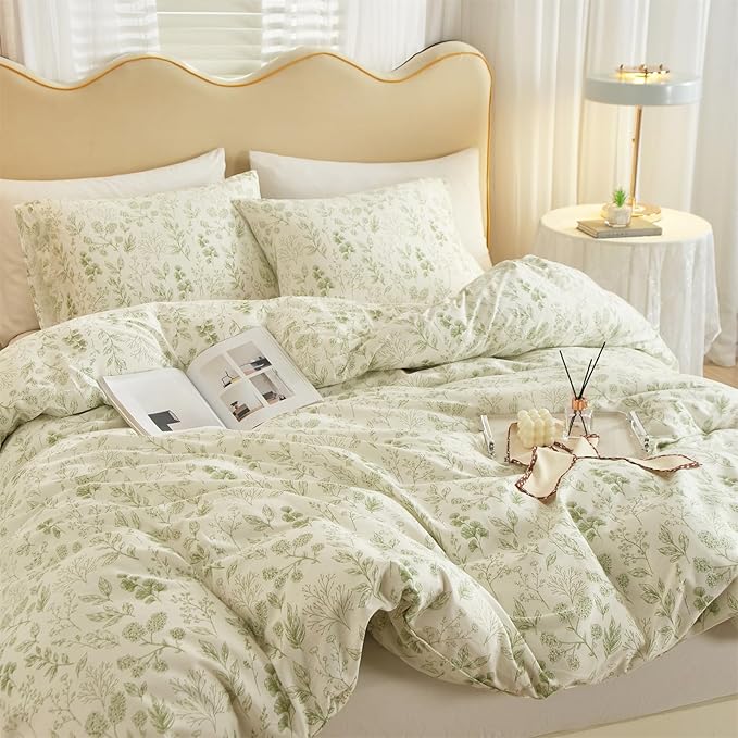 mixinni 3pcs Floral Comforter Set King Size, Boho Green Flowers Leaves Cute Bedding Comforter Sets for Women, 1 Soft Fluffy Botanical Comforter and 2 Pillowcases for All Seasons