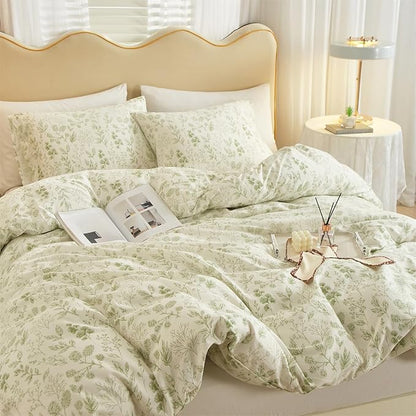 mixinni 3pcs Floral Comforter Set Queen Size, Boho Green Flowers Leaves Cute Bedding Comforter Sets for Women, 1 Soft Fluffy Botanical Comforter and 2 Pillowcases for All Seasons