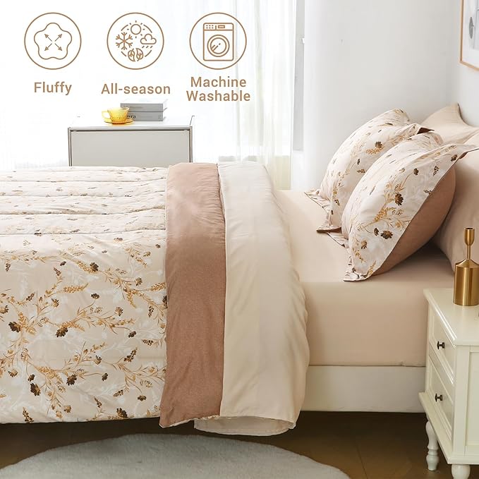 Floral Queen Comforter Set with Sheets, 7 Piece Luxury Vintage Bedding, Soft Microfiber Bed in a Bag, Cozy Lightweight Bed Set, Beige Flower Botanical