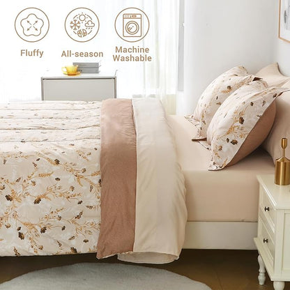 Floral Queen Comforter Set with Sheets, 7 Piece Luxury Vintage Bedding, Soft Microfiber Bed in a Bag, Cozy Lightweight Bed Set, Beige Flower Botanical