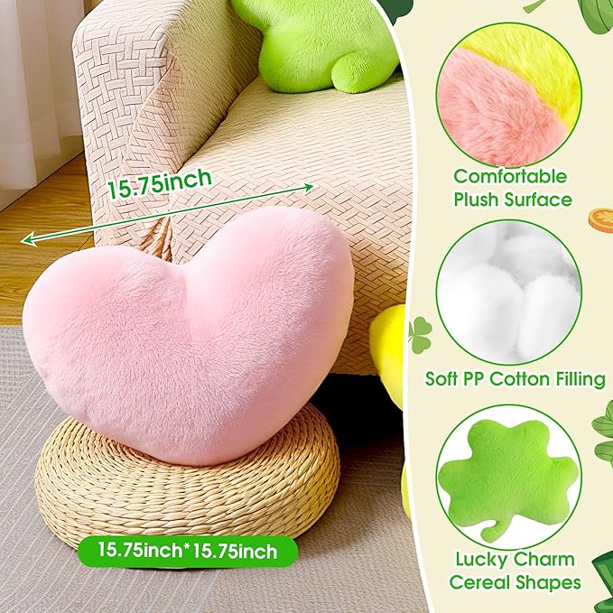 Set of 4 Plush St. Patrick's Day Pillows Lucky Charm Cereal Pillows Shamrock Shaped Throw Pillow Decorative Celtic Irish Clover Sofa Couch Cushion Pillow for Home Bedroom Livng Room Decor