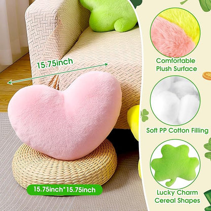 Set of 4 Plush St. Patrick's Day Pillows Lucky Charm Cereal Pillows Shamrock Shaped Throw Pillow Decorative Celtic Irish Clover Sofa Couch Cushion Pillow for Home Bedroom Livng Room Decor