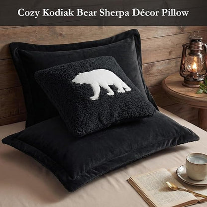 Woolrich Reversible Comforter Set Ultra Soft Plush to Sherpa, Down Alternative, Cold Weather Winter Warm Bedding, with Matching Sham, Decorative Pillow Black/Black King 4 Piece