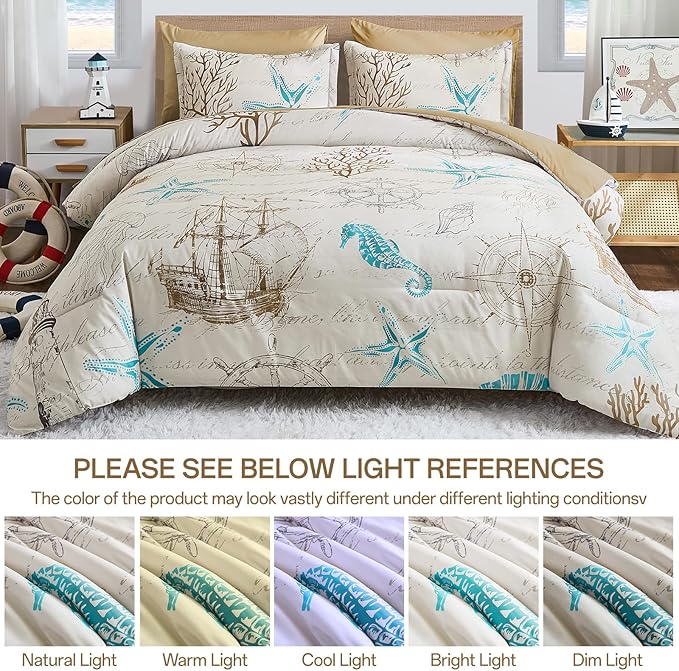 Comforter Set King Size Coastal, Beach Themed Comforters,7 Pieces Ocean Starfish Bed in a Bag Nautical Bedding with Sheets for Spring Summer