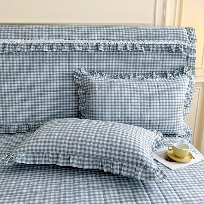 mixinni Vintage Blue Gingham Ruffle Comforter Set 3-Piece Washed Cotton Queen Size Grid Bedding Set with Geometric Checkered Pattern, Farmhouse Chic Soft Fluffy Comforter for All-Season