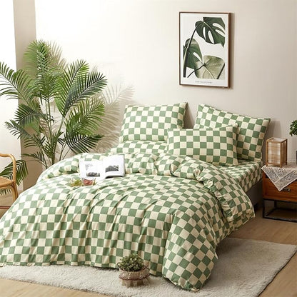 Houseri Sage Green and White Comforter Set King Plaid Light Green Beige Grid Bedding Checkerboard King Size Comforter Sets Women Men Grass Green Buffalo Plaid Comforters King Gingham Bedding Sets King