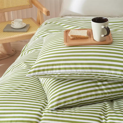 mixinni Striped Comforter Set King Size - Green White Stripes Pattern Bed Set for All Season, 3 Pieces Lightweight Bedding Comforter Sets for All Seasons (1 Soft Fluffy Comforter + 2 Pillowcases)