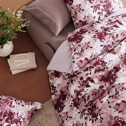 CASAAGUSTO King Comforter Set, 7 PCS Purple Willow Leaf Floral Comforter Set with Flowers Leaves Pattern, Soft Seersucker Design All Season King Size Bedding Set(102"X90")