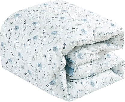 Chezmoi Collection Fran 3-Piece Boho Floral Comforter Set, Queen - Blue White Poppy Flower Watercolor Printed Microfiber Lightweight Bedding Set