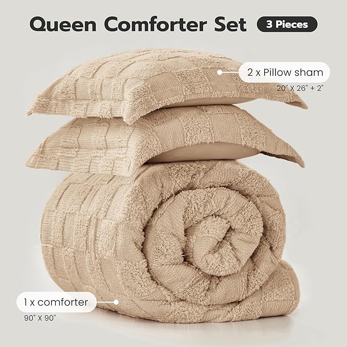 Joiedomi Tufted Queen Comforter Set, 3 Pieces Brown Boho Queen Bedding Set with 1 Plaid Geometric Comforter and 2 Pillow Shams, Checkered Bed in a Bag for All Seasons
