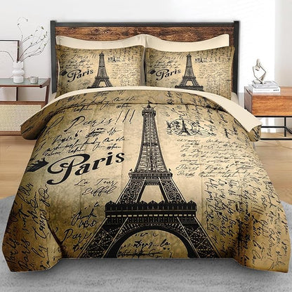 Comforter Set Twin Size, Paris Eiffel Tower 5 Pcs Bedding for Kids and Adults, Love Vintage Brown Bed Sheet Sets with Fitted Sheet Pillowcases & Shams for Bedroom Bed Decor