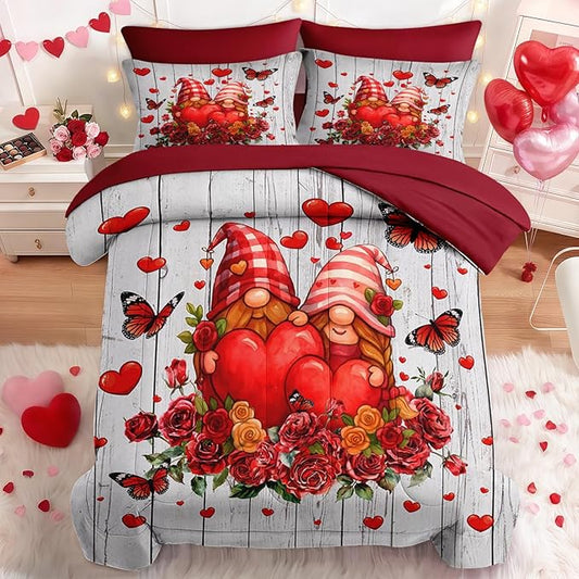 Nesker 7 Pcs Valentine's Day Comforter Set Queen Size, Romantic Gnomes Heart Bedding Set for Kids and Adults, Sweet Rose Love Sheets Bed Sheet Sets with Fitted Sheet 2 Pillowcases & 2 Shams