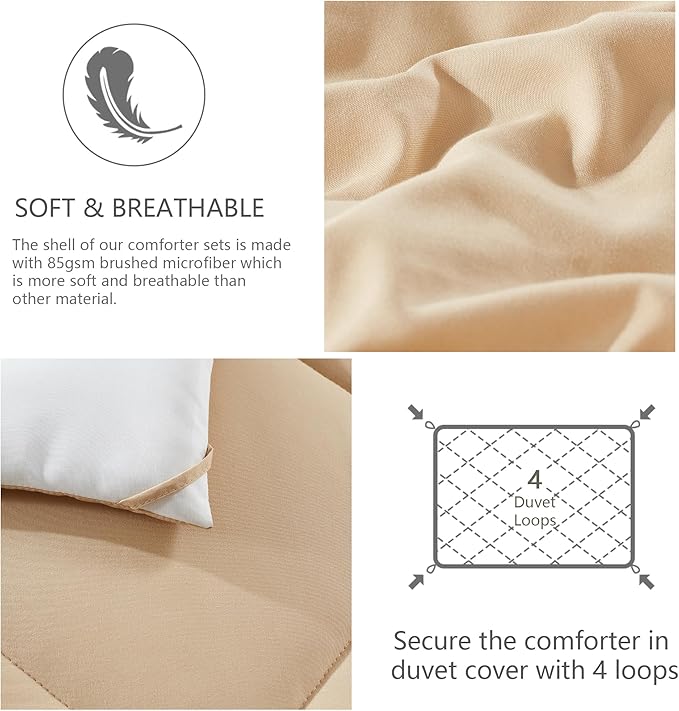 NexHome King Size Comforter Set Beige&White, 3 Pieces Lightweight Reversible Comforter King Size, All Season Fluffy Down Alternative Comforter Bed Set Quilt Blanket(102x90 In Comforter & 2 Pillowsham)