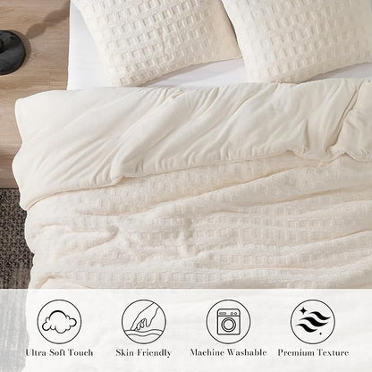 Amélie Home Waffle Comforter King Set, Jacquard Design Fleece Bed Set, Super Soft Plush Bedding Set for Winter, Beige, 3 Pieces, 1 Cozy Comforter and 2 Pillowcases