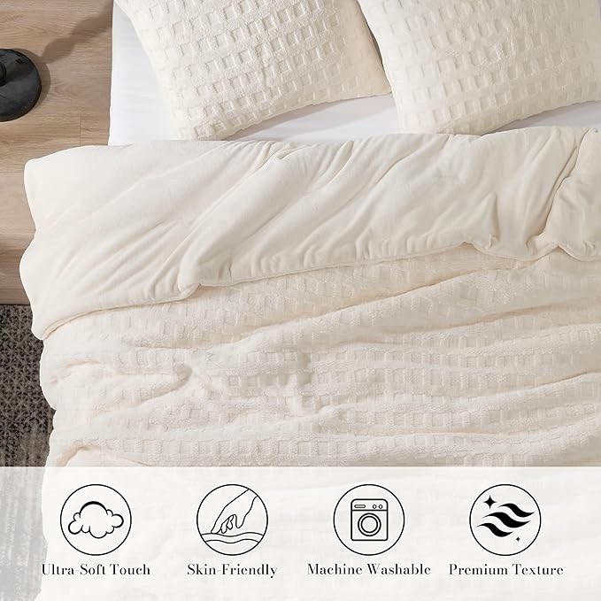 Amélie Home Waffle Comforter Queen Set, Beige Fluffy Fleece Bed Set, Super Warm Fluffy Plush Bedding Set for Winter, 3 Pieces,1 Cozy Comforter and 2 Pillowcases