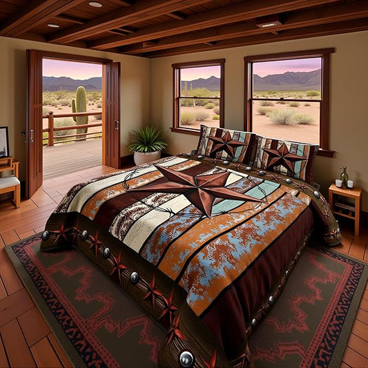 Western Texas Star Kids Comforter Set King Size,Vintage Wooden Plank Bedding Set,Girls Boys Adults Bedroom Decor,Rustic Farmhouse West Cowboy Down Comforter,Brown Retro Duvet Insert,2 Pillowcases