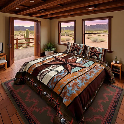 Western Texas Star Kids Comforter Set Full Size,Vintage Wooden Plank Bedding Set,Girls Boys Adults Bedroom Decor,Rustic Farmhouse West Cowboy Down Comforter,Brown Retro Duvet Insert,2 Pillowcases