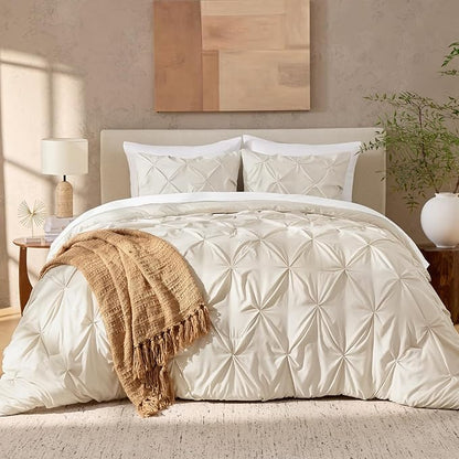 Andency Beige Comforter Set Oversized Queen(98x98Inch), 3 Pieces Comforter for Girls Kids, Soft Microfiber Pinch Pleat Comforter Set, All Season Lightweight Bedding Set