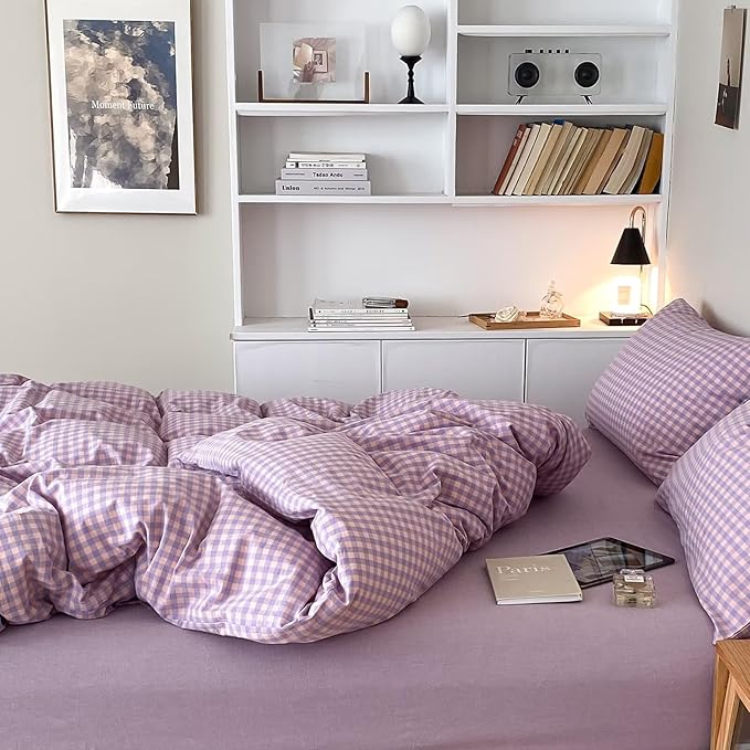 mixinni Purple Gingham Comforter Set Twin XL, Plaid Comforter Set 3 Pieces 1 Purple Grid Comfoter with 2 Pillow Cases for All Seasons, Soft Fluffy Modern Grid Pattern Printed Bedding-Twin XL Size