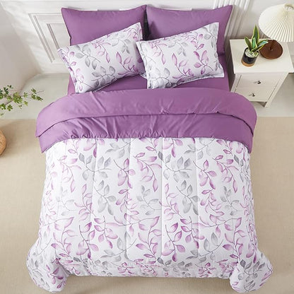 Yogeneg Botanical King Szie Comforter Set 7 PCS Bed in a Bag,Purple Grey Leaves Printed on White Reversible Design,Soft Microfiber Bedding Complete Set for All Season(Purple,King)