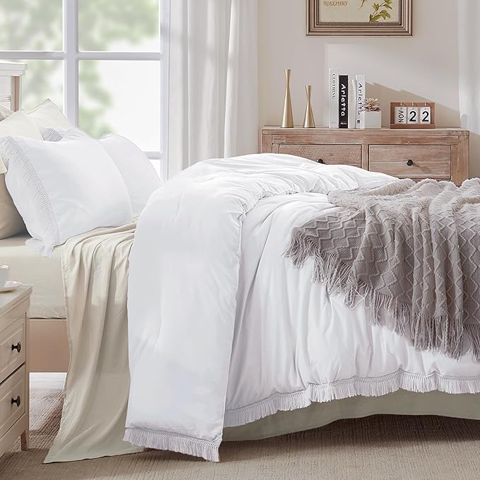 Andency White Comforter Set King Size, 3 Pieces Boho Lightweight Bedding Comforter Sets for King Bed, All Season Soft Fluffy Boho Bed Set (104x90In Comforter & 2 Pillowcases)